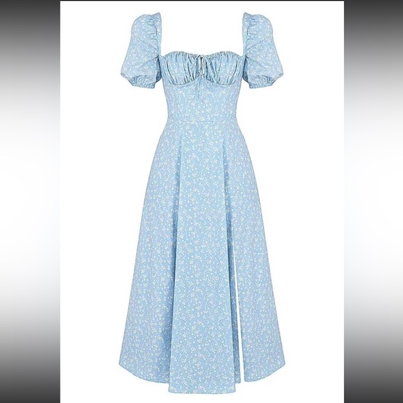 HOUSE OF CB TALLULAH BLUE IVORY FLORAL PUFF SLEEVE MIDI DRESS - Picture 7 of 8